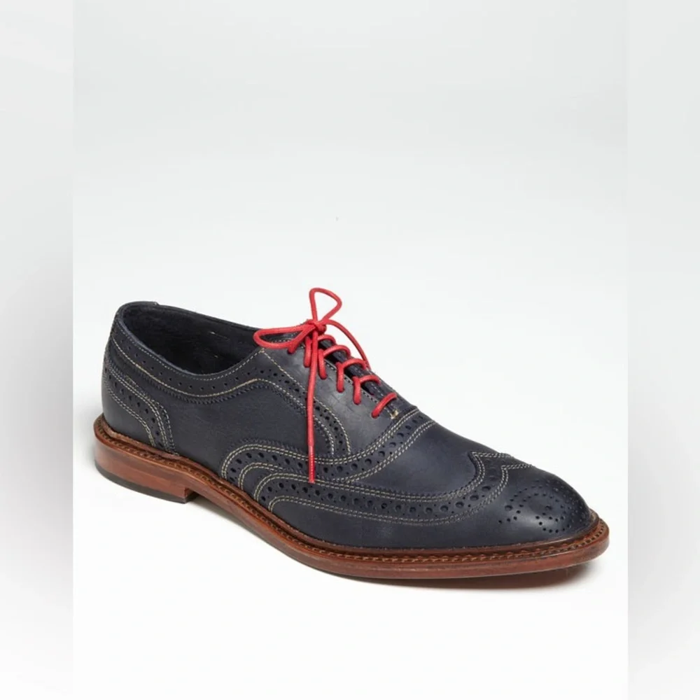 Allen Edmonds Neumok Mens Navy Leather Wingtip Oxford Shoes Red Lace 8
